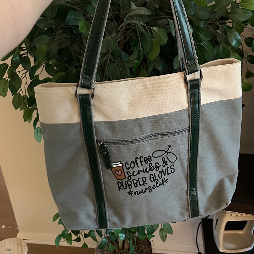 Canvas Nurse Tote Bag in Gray and Cream with Green Trim